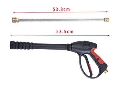 Black M22 lengthened pressure washer gun with engineering plastic body, all-copper head, extension rod, and 5-colour nozzle.