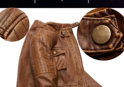 Men's PU leather jacket with velvet lining, available in khaki, black, and brown, sizes L to 5XL
