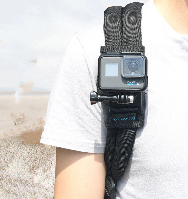 Camera backpack clip holder in black, made from durable POM/PVC plastic and polyester cloth