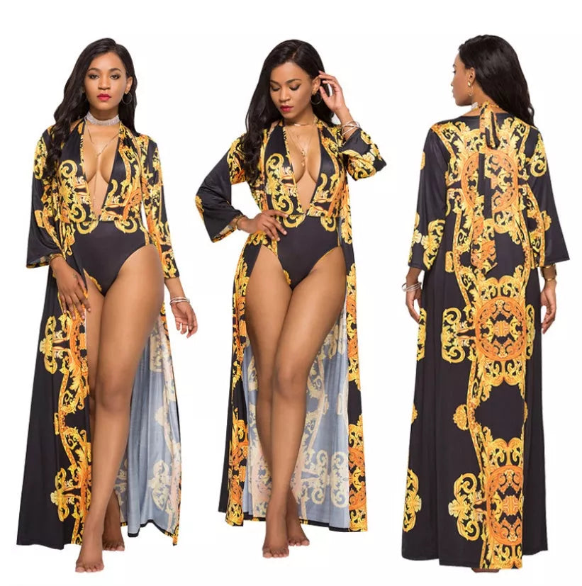 Printed cloak bikini in black and white, sizes M to 2XL, lightweight polyester fabric