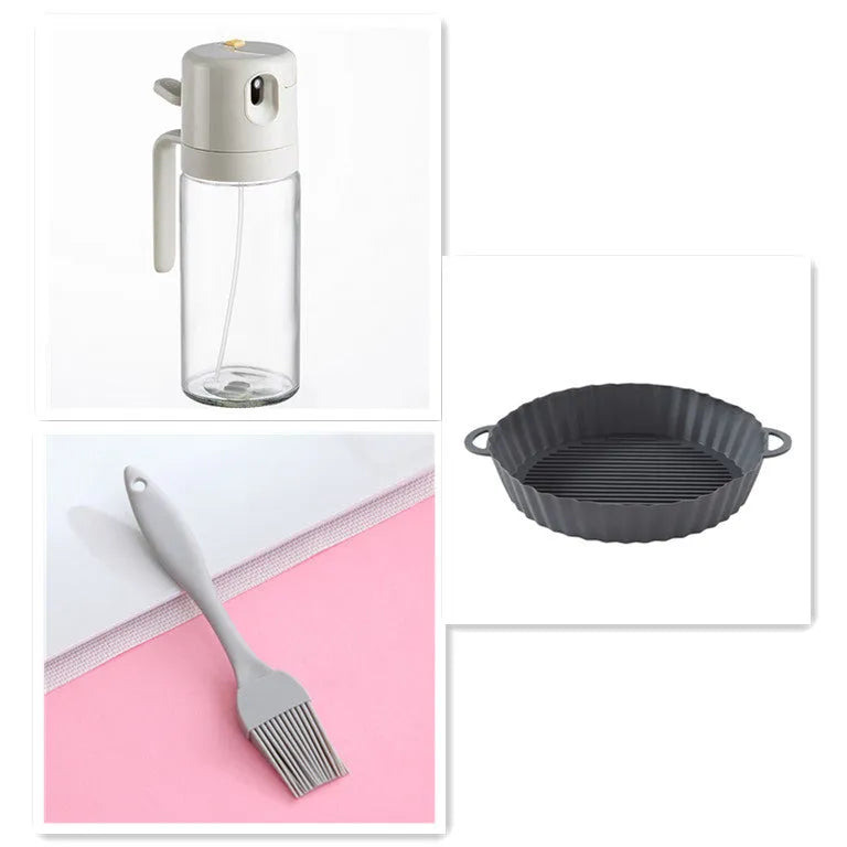 Warm grey 550ml glass oil sprayer bottle with dual-mode cap for spraying and pouring.