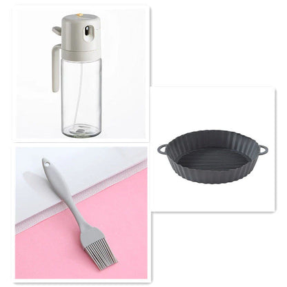 Versatile oil sprayer and pourer made of sturdy soda-lime glass, with automatic opening and closing mechanism for one-handed operation and dual spraying and pouring functions
