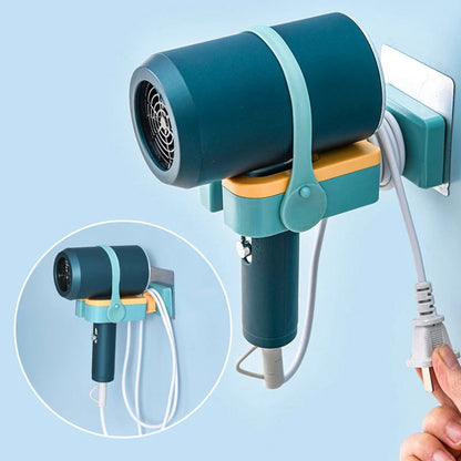Adjustable wall-mounted hair dryer rack in orange, pink, and green