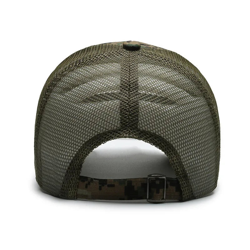 Tactical camouflage baseball cap with adjustable sizing and dome crown