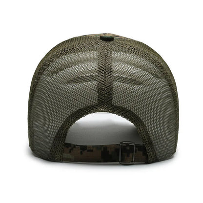 Tactical camouflage baseball cap with adjustable sizing and dome crown