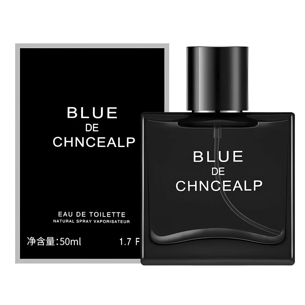 Men's woody citrus perfume bottle in black or blue, 100ml with spray, featuring sandalwood and cedar notes for lasting fragrance