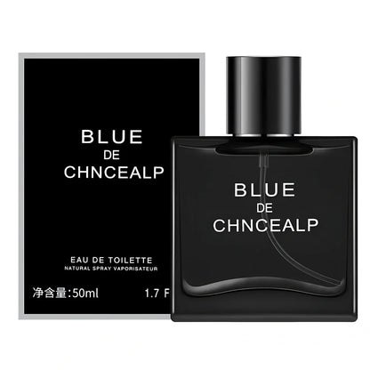 Men's woody citrus perfume bottle in black or blue, 100ml with spray, featuring sandalwood and cedar notes for lasting fragrance