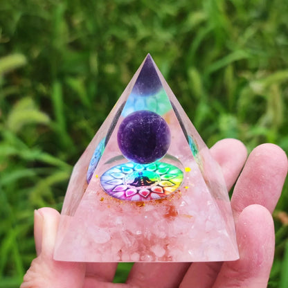 Crystal ball gravel pyramid resin artwork with 6cm diameter and 50mm base