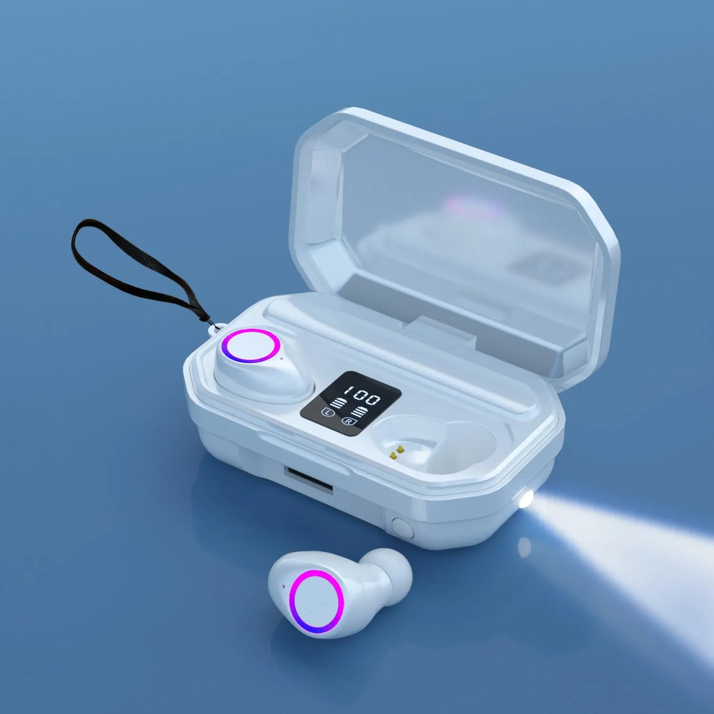 Black and white wireless Bluetooth in-ear headphones with a charging cabin showing an LED power display.