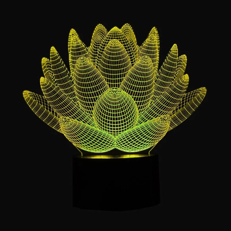 Modern white lotus-shaped LED night light with touch control on a wooden surface.