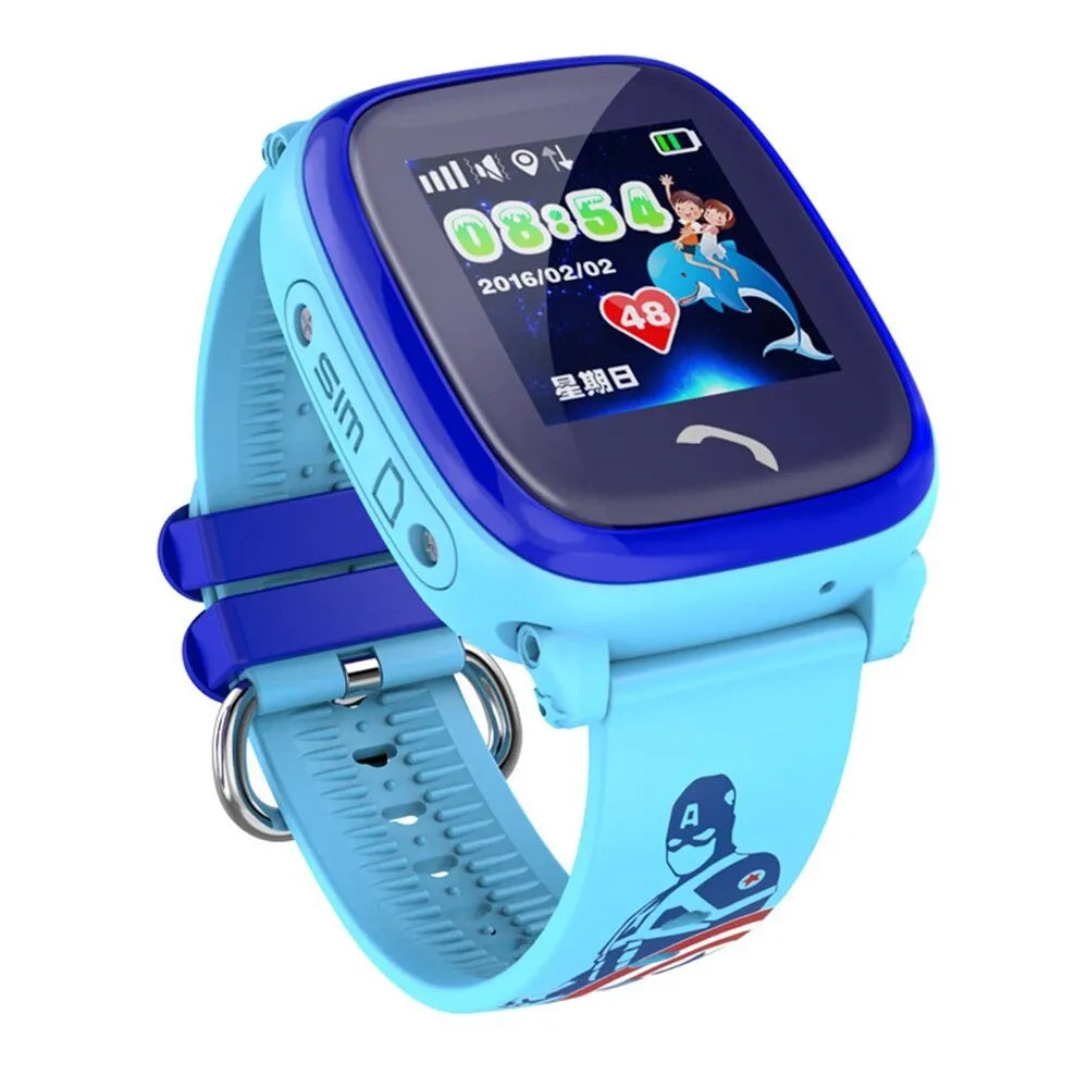 DF25 blue children's waterproof smart watch with touch screen displayed on a silicone wristband.