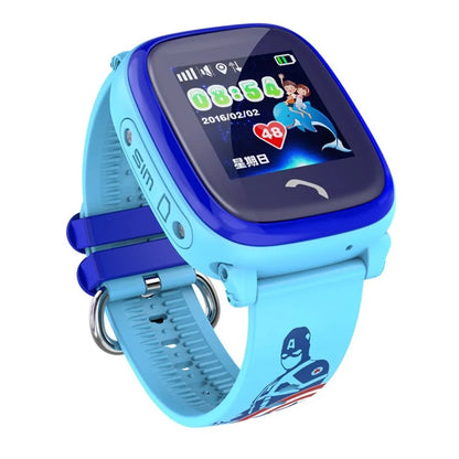 DF25 blue children's waterproof smart watch with touch screen displayed on a silicone wristband.