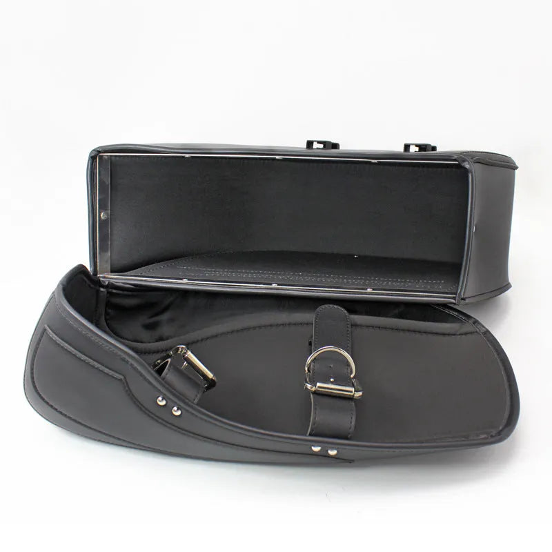 Retro-style black PU leather motorcycle side box mounted on a bike rail.