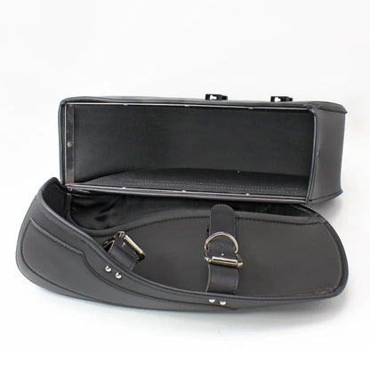 Retro-style black PU leather motorcycle side box mounted on a bike rail.