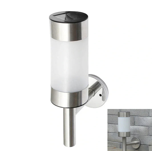 White solar wall light with integrated solar panel and LED, 7.6x12x25cm dimensions