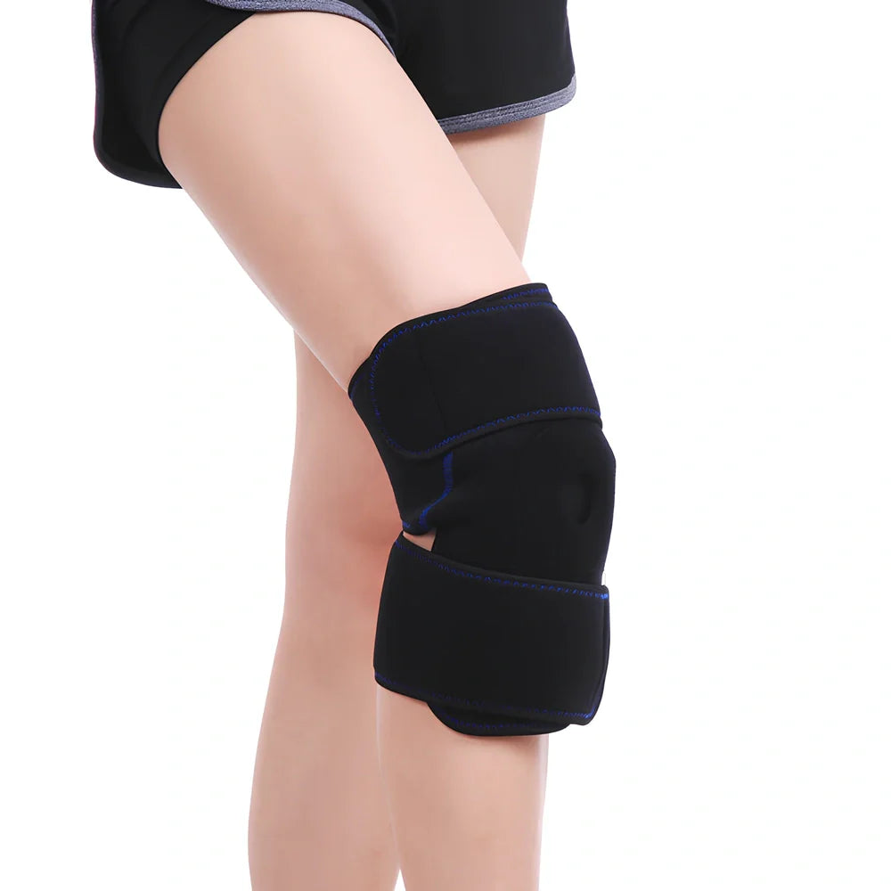 Black neoprene adjustable knee pads with hot cold therapy for joint swelling relief