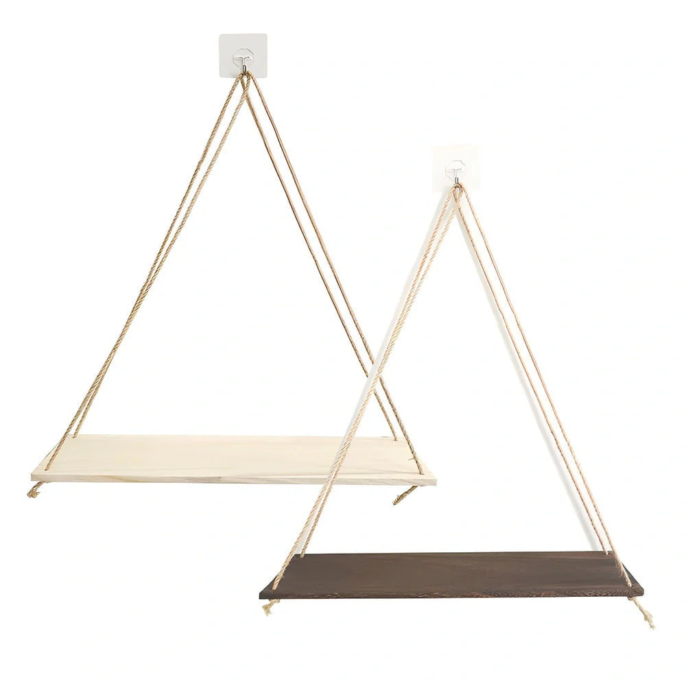 Natural wood wall-mounted shelf displaying small plants and framed photos with 1.3m hanging cord