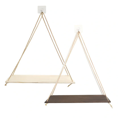 Natural wood wall-mounted shelf displaying small plants and framed photos with 1.3m hanging cord