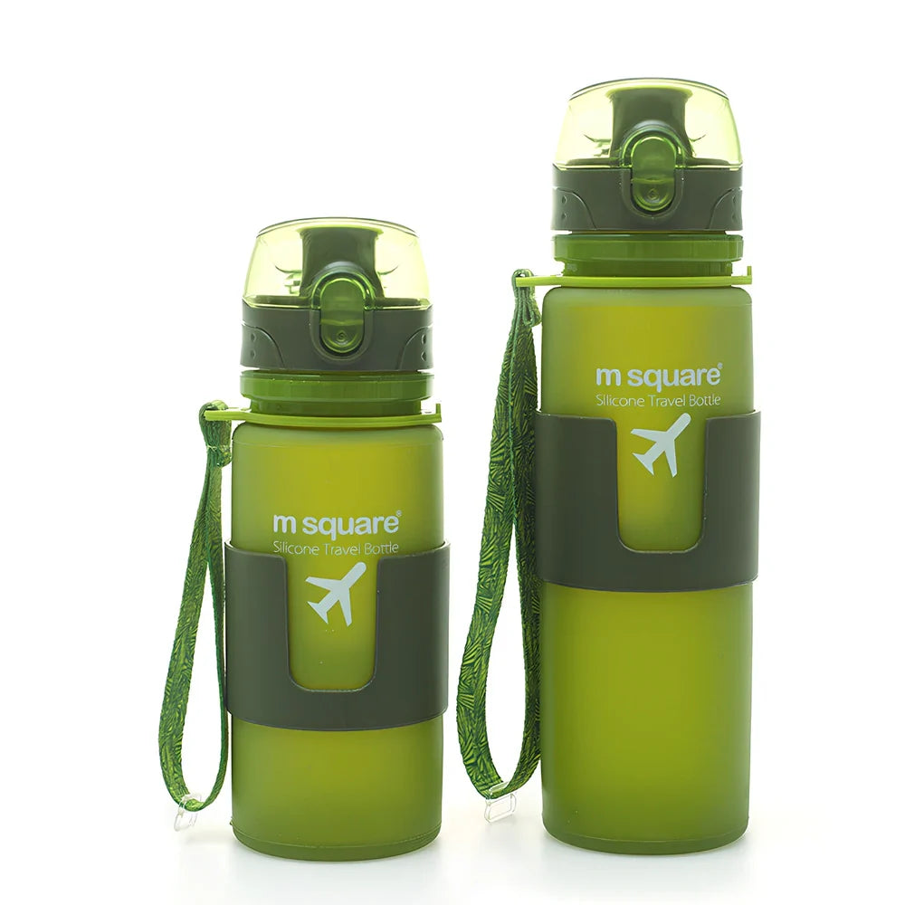 Blue portable Platinum Silicone water bottle 500ml capacity folded for hiking and cycling use