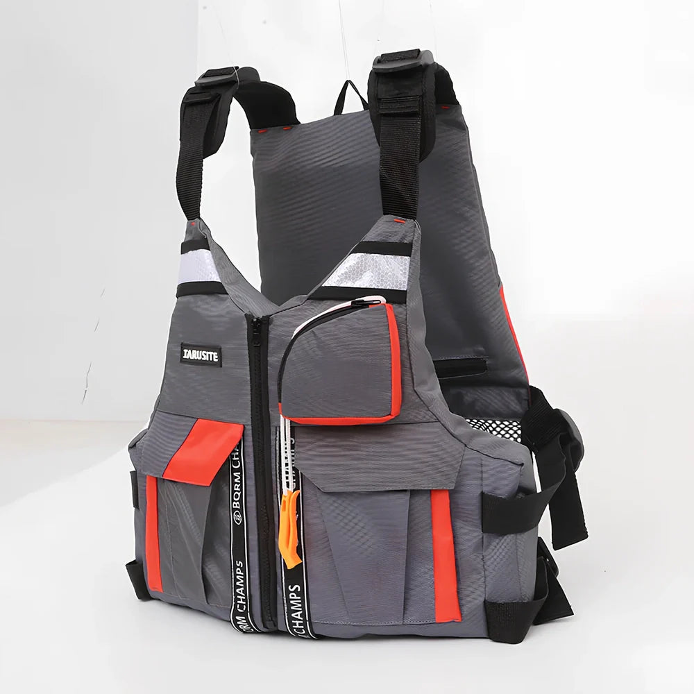 Gray-red Oxford cloth fishing swim vest with slim 0-type design and one-size universal fit