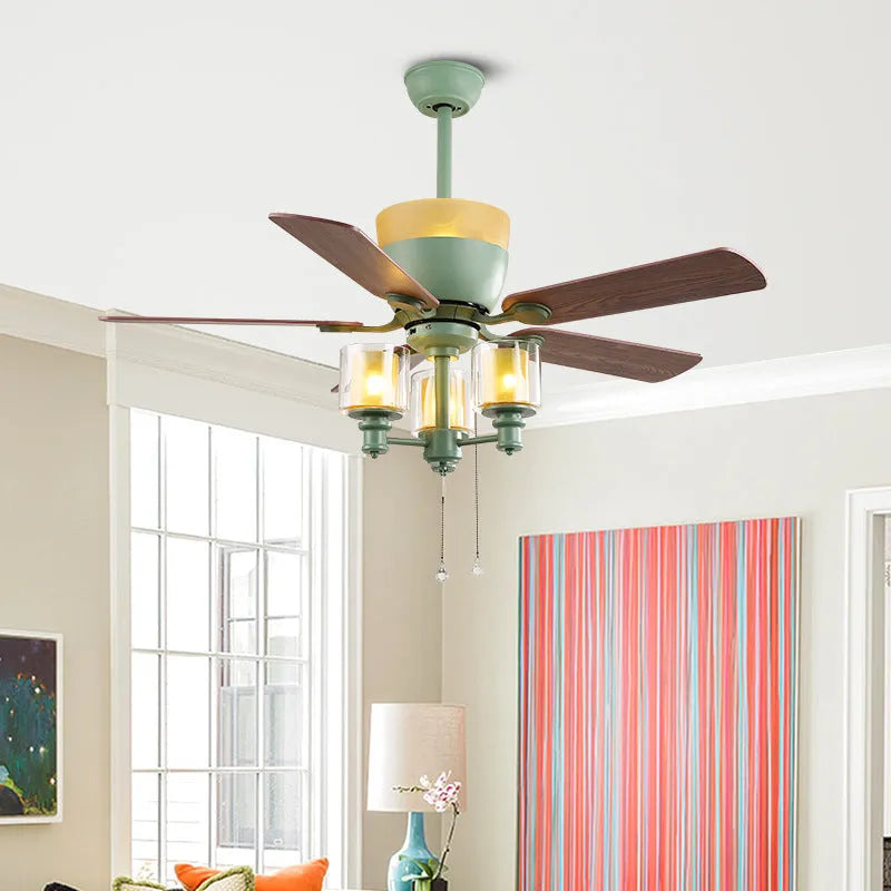 Dark green 120cm ceiling fan lamp with iron, glass and wood leaf construction and three E27 light fittings
