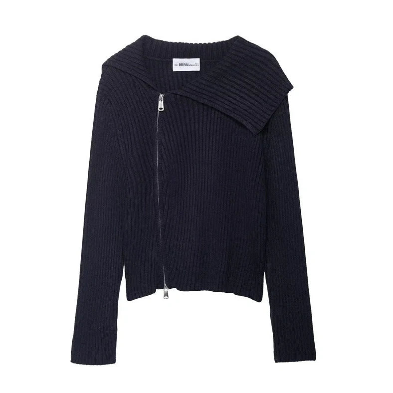 Women's ribbed knitted jacket with contrast stripes and zipper closure in regular 50cm length