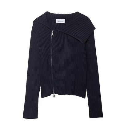 Women's ribbed knitted jacket with contrast stripes and zipper closure in regular 50cm length
