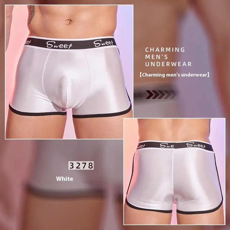 Men's shiny silky nylon boxers in black, white and sapphire blue colours