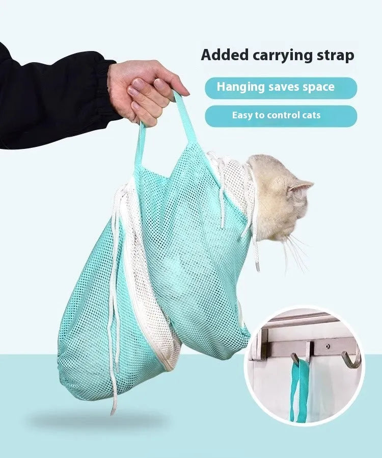 Upgraded fifth-generation cat grooming bag in pink and white colours on a table.