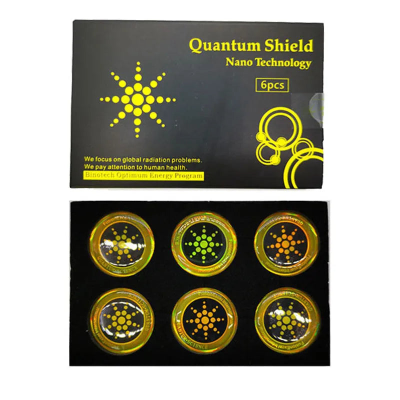 Box of six round gold and silver anti-radiation stickers for mobile phones.