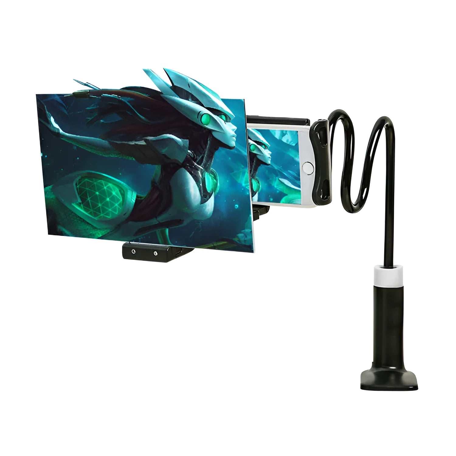 Black mobile phone screen amplifier with 12-inch acrylic display on adjustable rotating bracket