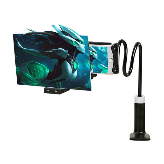Black mobile phone screen amplifier with 12-inch acrylic display on adjustable rotating bracket