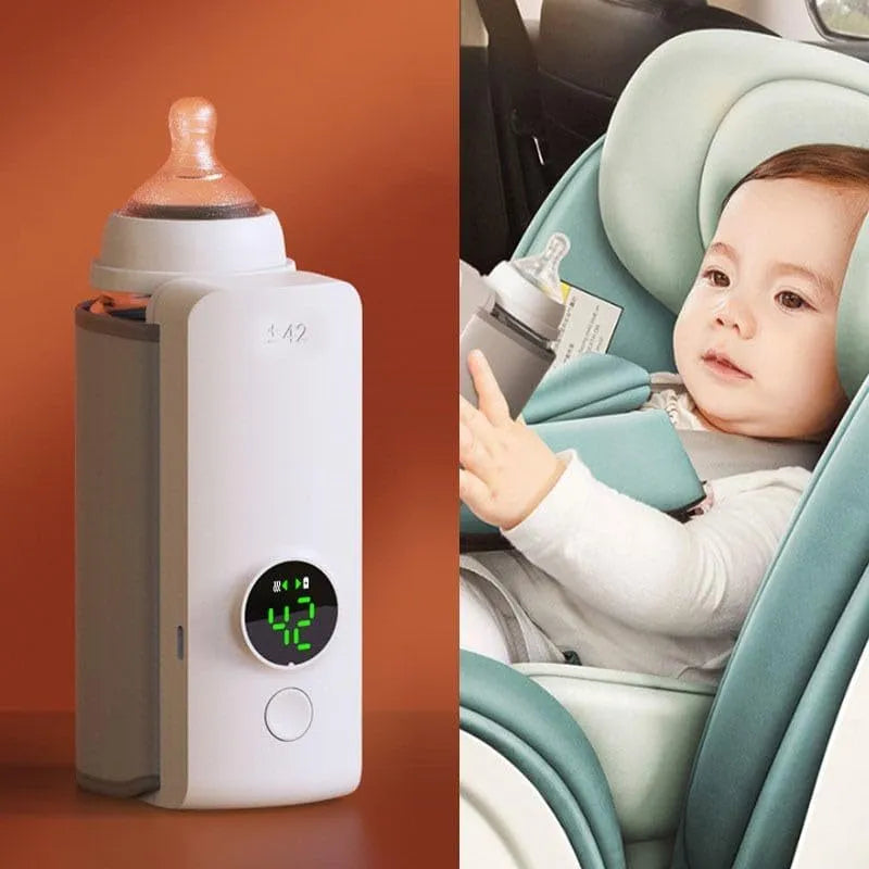 Grey non-woven portable baby bottle warmer with USB charging cable showing wrap-around design for universal bottle fit