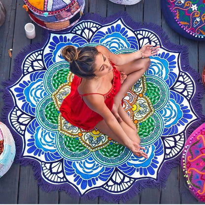 Retro ethnic round yoga mat with tassels, 150cm diameter, made from polyester and polyamide fiber