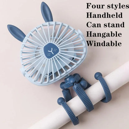 Cute animal-themed mini desk fan with 3 wind speeds, USB rechargeability, and LED lights for strollers, beds, and outdoor use