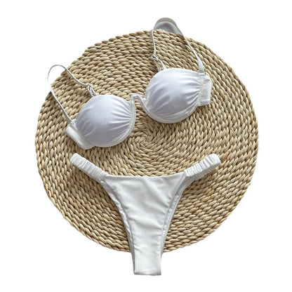 Women's underwire bikini swimsuit with split briefs design in khaki colour showing spandex lining construction