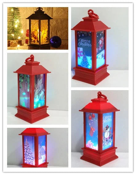 Festive LED Christmas lanterns with Santa Claus, snowman, and other holiday-themed designs