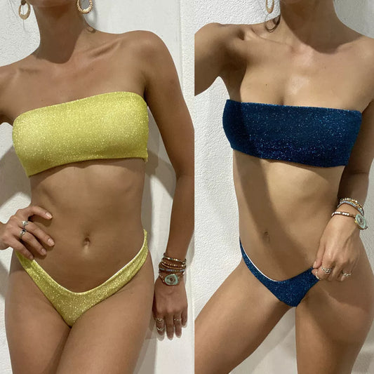 Vibrant tube top bikini in multiple colors, perfect for beach and pool