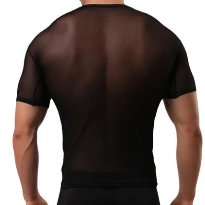 Men's slim fit solid colour mesh t-shirt in black, shown front-on.