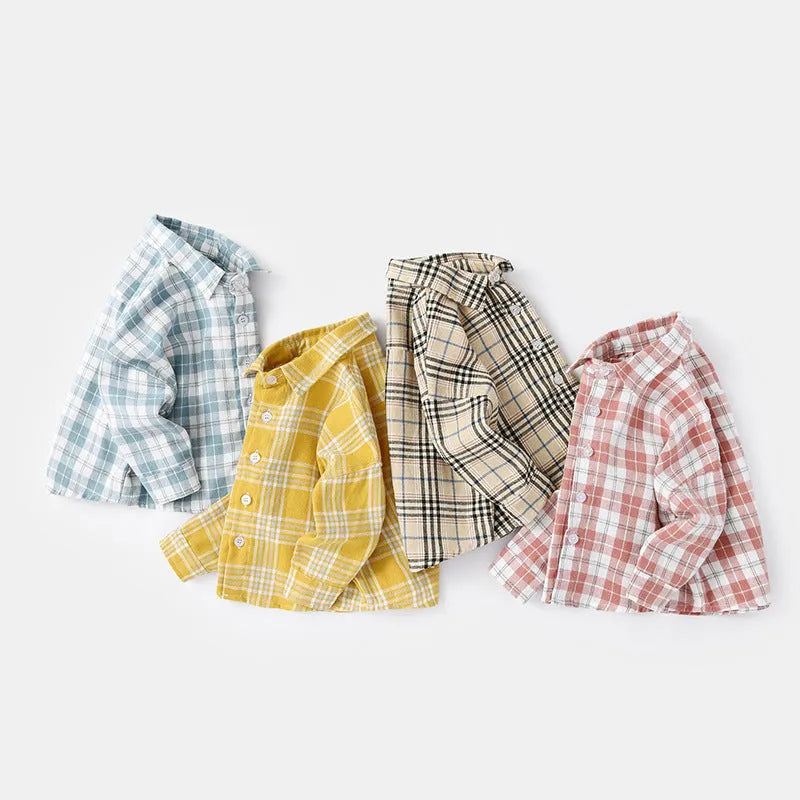 Boys' cotton lattice shirt long sleeve casual animal cartoon print children's clothing boys' shirt sizes 73cm 80cm 90cm 100cm 110cm colours khaki light blue pink yellow spring autumn shirt