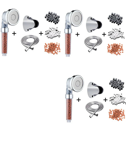 Pressurised shower head with stainless steel panel showing three water mode settings and removable nozzles