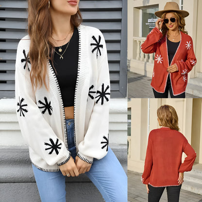 Beige jacquard floral pattern knitted cardigan coat with loose fit and regular sleeves