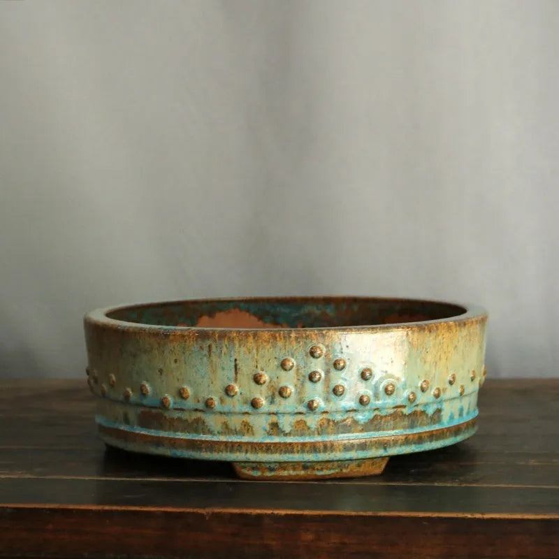Handmade round ceramic purple sand planter with high temperature firewood glaze finish for flowers and green plants