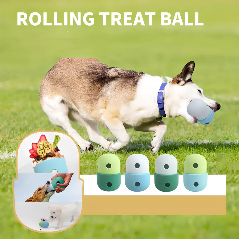 Yellow and blue silicone dog toy ball with treat opening for medium to large breed dogs