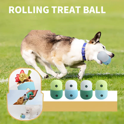 Yellow and blue silicone dog toy ball with treat opening for medium to large breed dogs