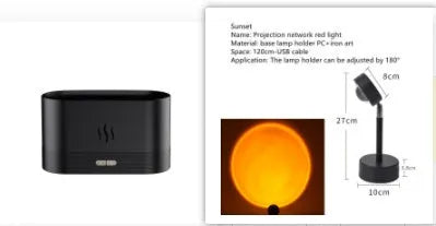 Square black aroma diffuser with flame light effect and mist output, 75x75x137mm