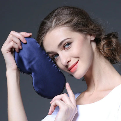 Double-sided mulberry silk eye mask showing 22cm by 11cm dimensions in navy blue colour