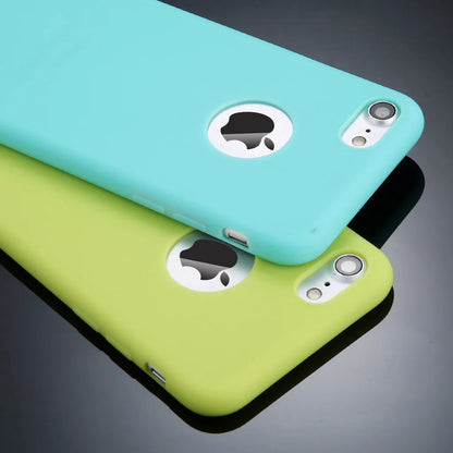 Soft silicon TPU iPhone case in candy colours like pink and navy blue, showing slim 0.5cm thickness and full coverage for back and sides.