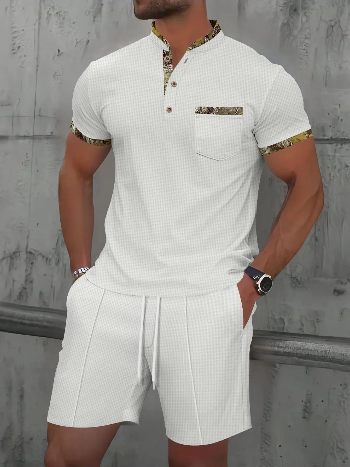 Men's grey waffle texture polo collar short sleeve suit with zipper and matching shorts for summer wear