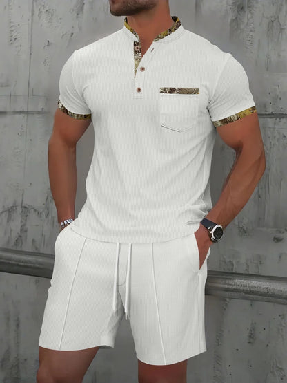 Men's grey waffle texture polo collar short sleeve suit with zipper and matching shorts for summer wear